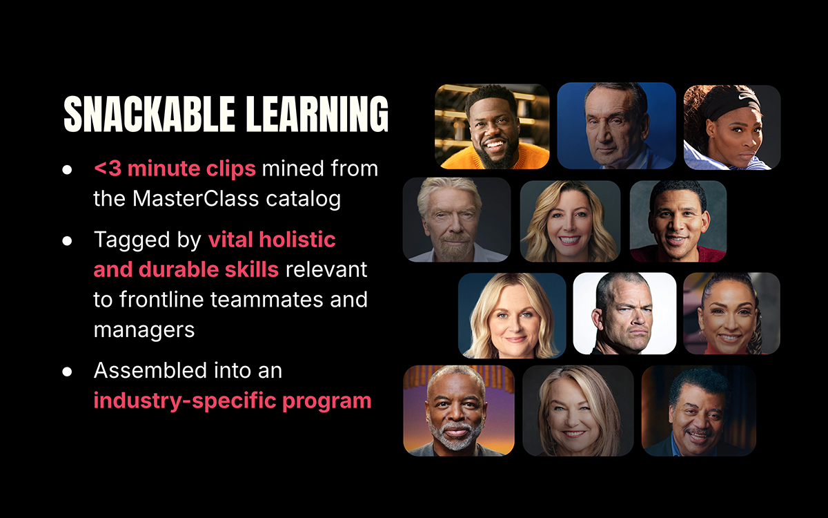 Snackable Learning - sub-3-minute clips from the MasterClass catalog, tagged by skill